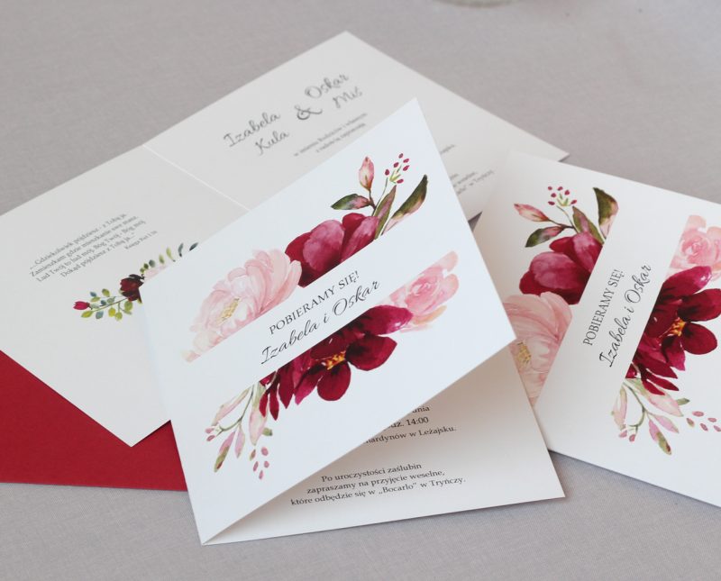 Piękne zaproszenia ślubne burgund i róż KWI 843