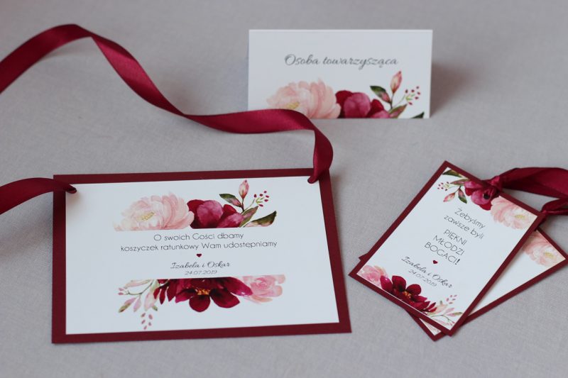 Piękne zaproszenia ślubne burgund i róż KWI 843