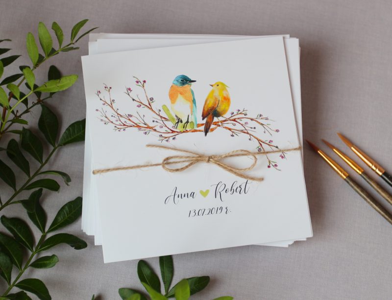 Zaproszenia ślubne z ptaszkami na gałęzi w rustykalnym stylu PTA 002