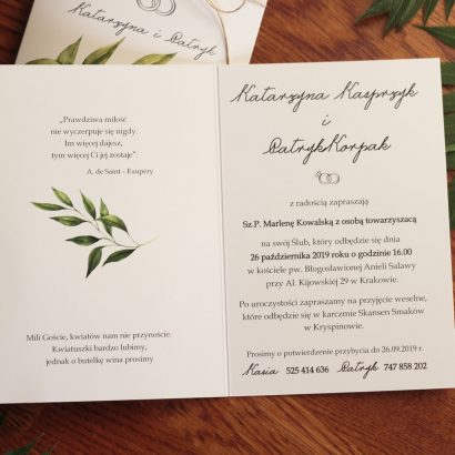 Zaproszenie ślubne z zielonymi listkami KWI 867