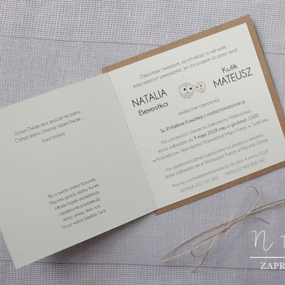 PTA 001 Ptaszki, sowy, rustykalny styl, papier eco - zaproszenie ślubne
