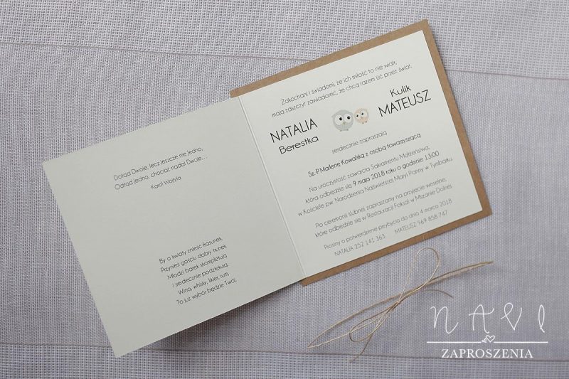 PTA 001 Ptaszki, sowy, rustykalny styl, papier eco - zaproszenie ślubne