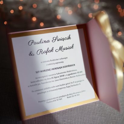 ELE 446 Zaproszenia ślubne w folderze pudrowy róż i złoto