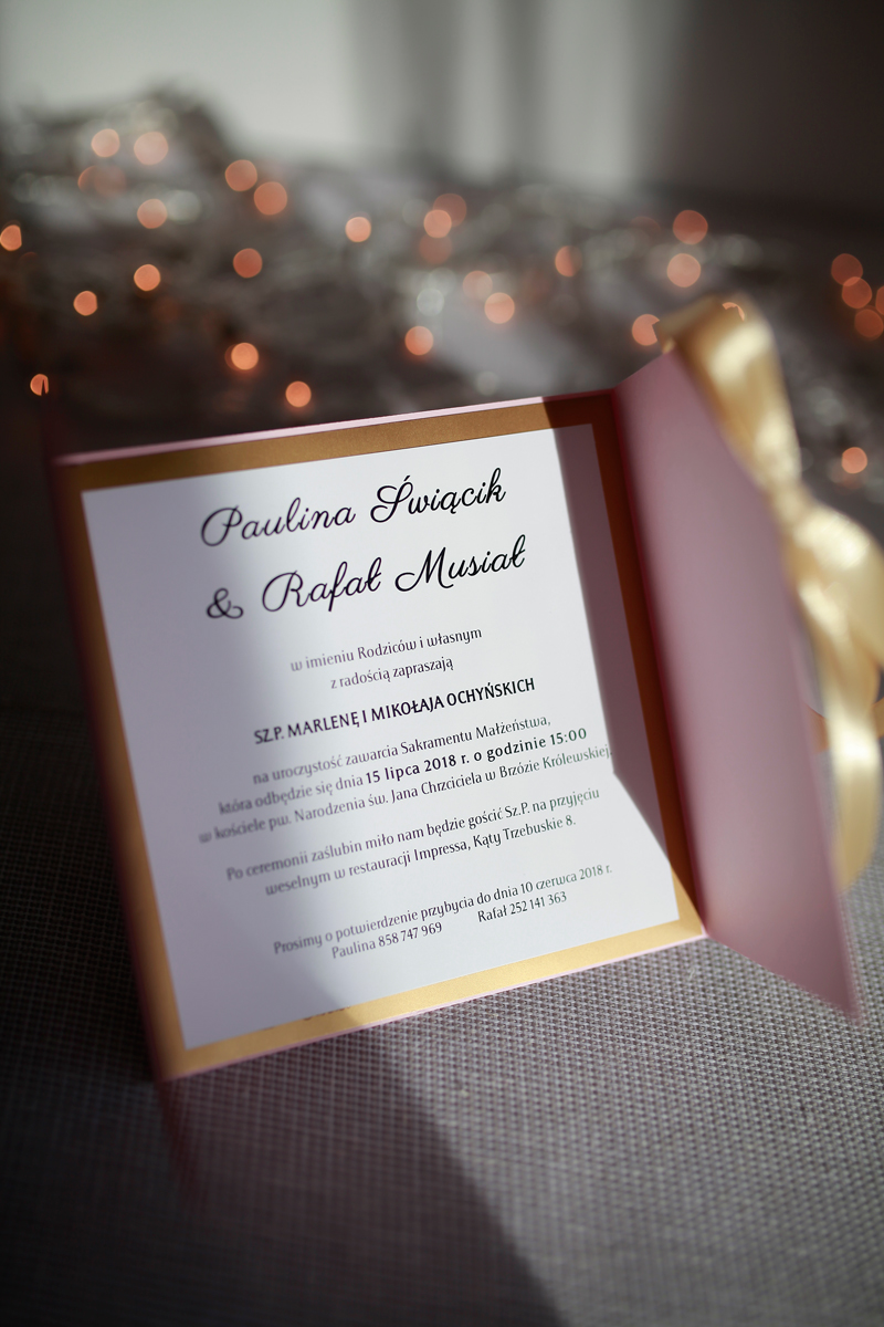 ELE 446 Zaproszenia ślubne w folderze pudrowy róż i złoto