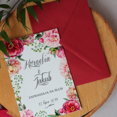 Zaproszenia ślubne piękne bordowe i różowe kwiaty KWI 849