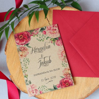 Zaproszenia ślubne piękne bordowe i różowe kwiaty KWI 848