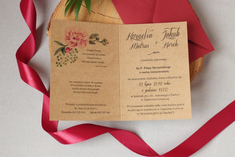 Zaproszenia ślubne piękne bordowe i różowe kwiaty KWI 848