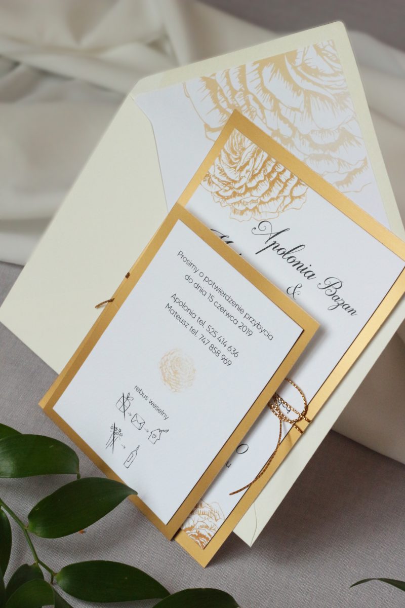 Eleganckie zaproszenia ślubne złote ELE 457