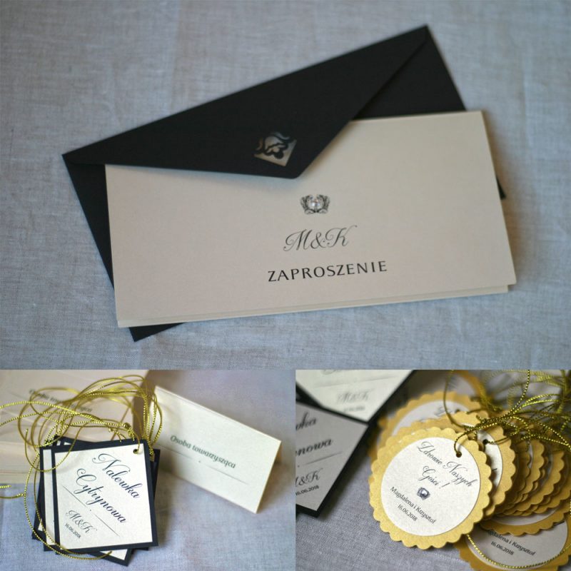 ELE 453 Zaproszenia ślubne perłowo-złote z cyrkonią i ornamentem
